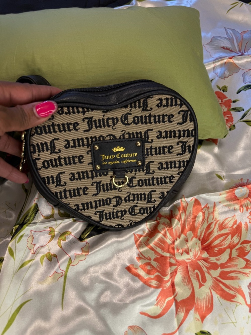 Juicy Couture Heart-Shaped Crossbody Bag Black & Tan Logo Print